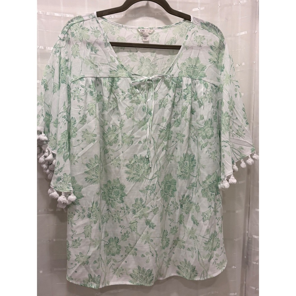 Cato Womens 22/24W Green Floral Pom Pom Trim V-Neck Blouse Short Sleeve Top